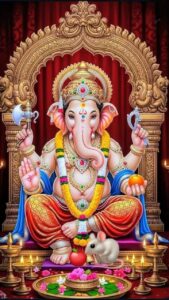 Lord Ganesha image with traditional oil lamps