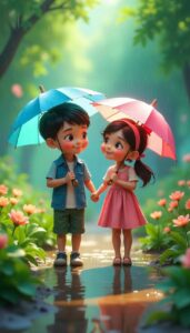 Romantic 3D cartoon couple night wallpaper
