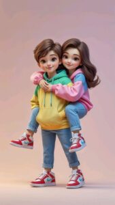 Romantic 3D cartoon couple beautiful wallpaper