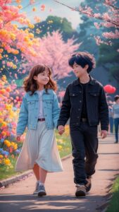 Sweet couple 3D cartoon wallpaper