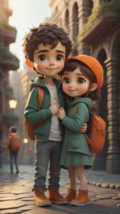 3D cartoon couple holding flowers wallpaper