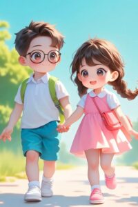 3D cartoon couple sitting on bench wallpaper