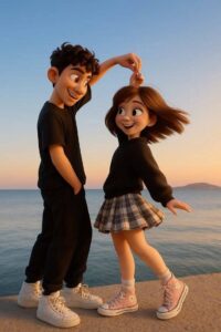 3D cartoon couple cute pose wallpaper
