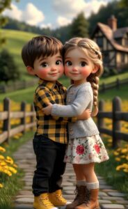 Romantic 3D cartoon couple digital wallpaper