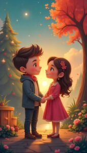 Romantic sunset 3D cartoon couple wallpaper