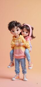 Romantic night 3D cartoon couple wallpaper