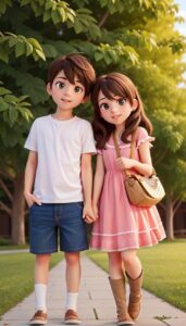 3D cartoon couple holding hands wallpaper