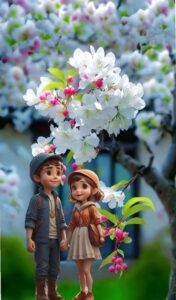 Cute 3D cartoon couple wallpaper in romantic pose