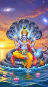 Lord Vishnu image with lotus pedestal and golden halo