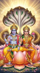 Lord Vishnu image with temple background and sacred aura