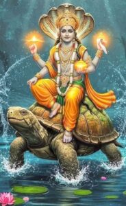 Lord Vishnu image idol decorated with flowers and garlands