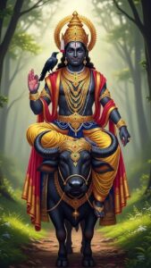 Vibrant Lord Vishnu image with golden ornaments and crown