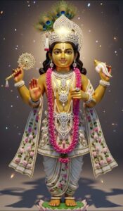 Full-body Lord Vishnu image with celestial background