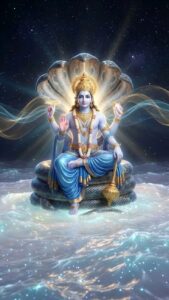 Classic Lord Vishnu image with glowing halo and ornaments