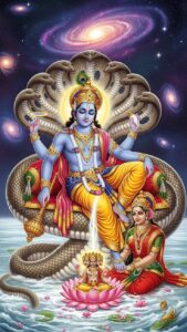 Lord Vishnu image resting on Sheshnag in cosmic ocean