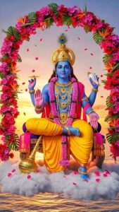 Lord Vishnu image seated on Garuda with radiant aura