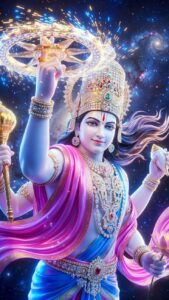 Lord Vishnu image standing on lotus flower with golden crown