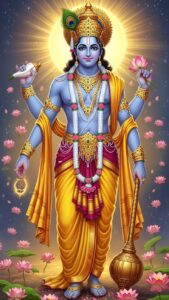 Lord Vishnu image with four arms holding conch, discus, mace and lotus