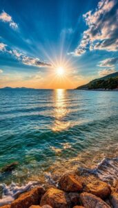 Morning sunrise images with birds flying across the sky