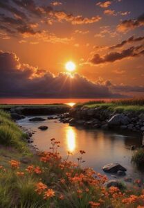 Morning sunrise images with bright golden horizon