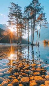 Tranquil morning sunrise images with peaceful landscape