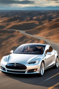 Tesla electric car wallpaper with mountain scenery