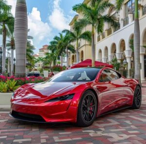 Tesla wallpaper with cyberpunk neon city background