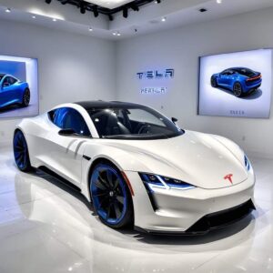 Tesla car wallpaper with futuristic road scene