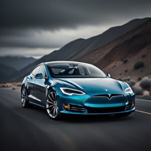 Dark Tesla wallpaper with glowing headlights at night