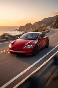 Tesla wallpaper featuring sleek red Tesla sports car